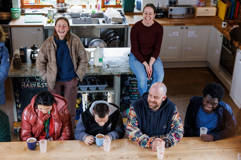 Laughing around the kitchen table at Jamies Farm Hereford